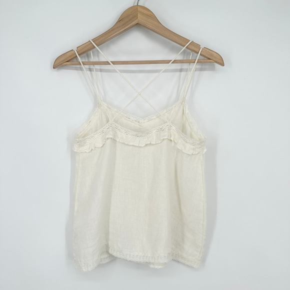ZARA 100% Linen Cami Ruffle Lace Sleeveless Strappy V neck Tank Top, White - Picture 9 of 13